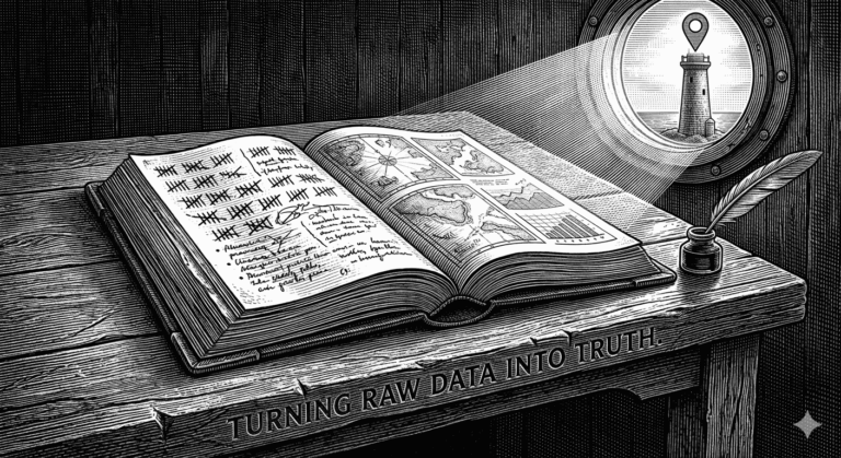 lighthouse shines light through porthole onto a book of data