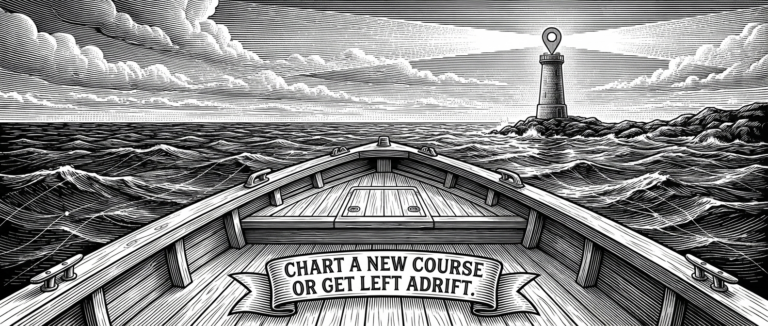 black & white woodcut of a boat bow looking out to an ocean with a lighthouse in the distance to help guide the boat to safety.