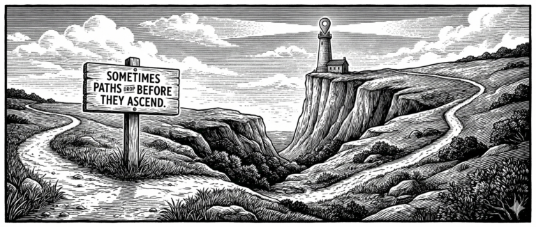 image with a path to a goal (lighthouse) that dips into a ravine before going back higher