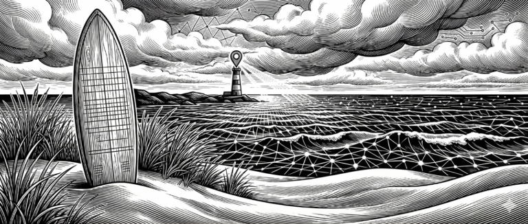 black & white woodcut of a beach with a surfboard