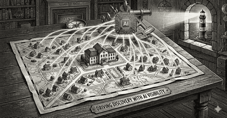 A black and white woodcut engraving of a study where an ornate armillary sphere with an integrated AI chip projects beams of light onto a community map, illustrating how technology connects patients to local care.